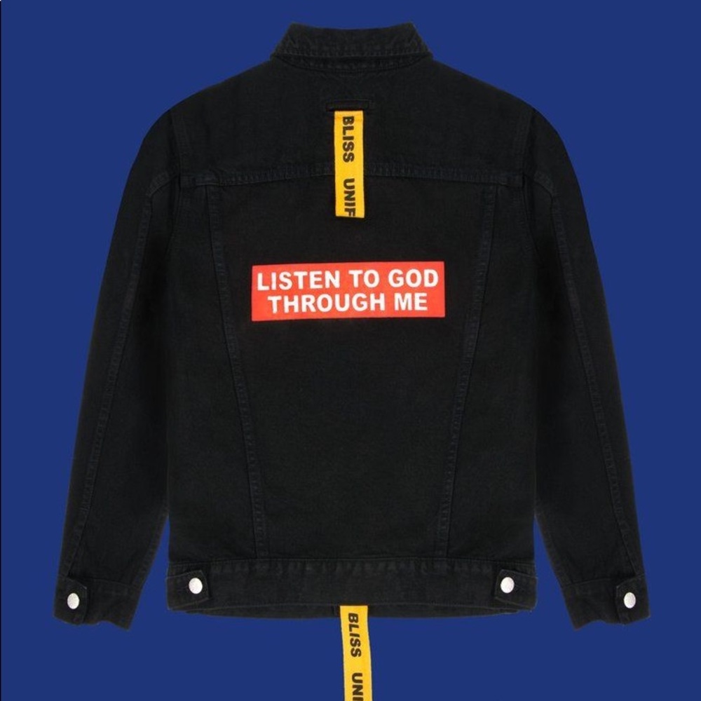 unif “listen to god though me” denim jacket!!